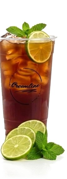 Peach Iced Tea im Creamline-Becher mit Limette und Minze